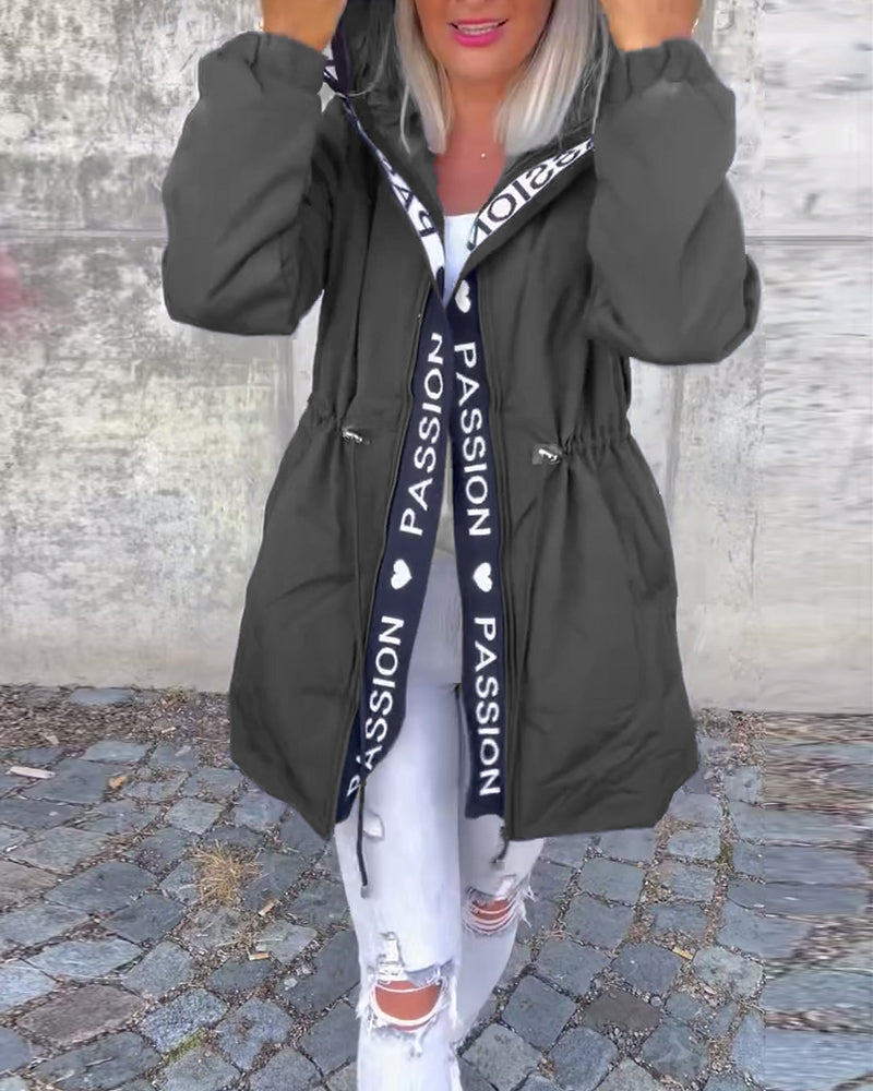Coat with drawstring and letter print