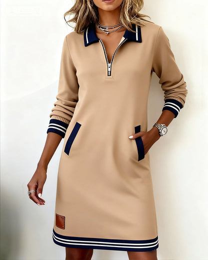 Zipper Lapel Long Sleeve Dress