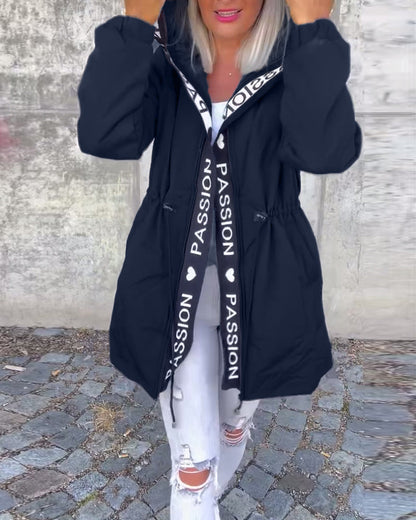 Coat with drawstring and letter print