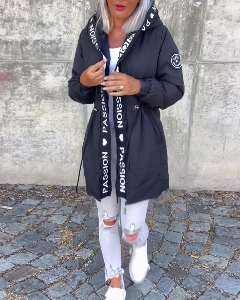 Coat with drawstring and letter print