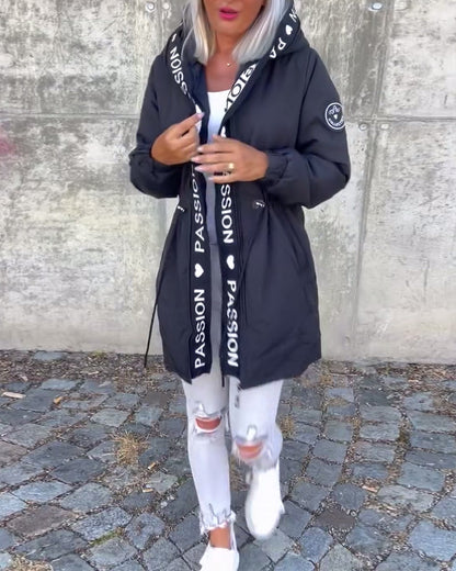 Coat with drawstring and letter print