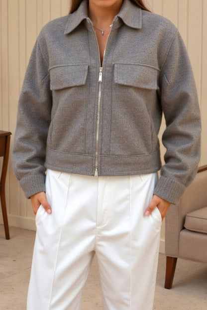 Old Money Elegant Plain Color Zip Up Tweed Jacket