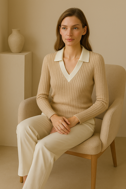 Old Money Knitted Woolen Slim Rib Knit Polo Sweater