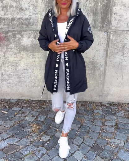Coat with drawstring and letter print